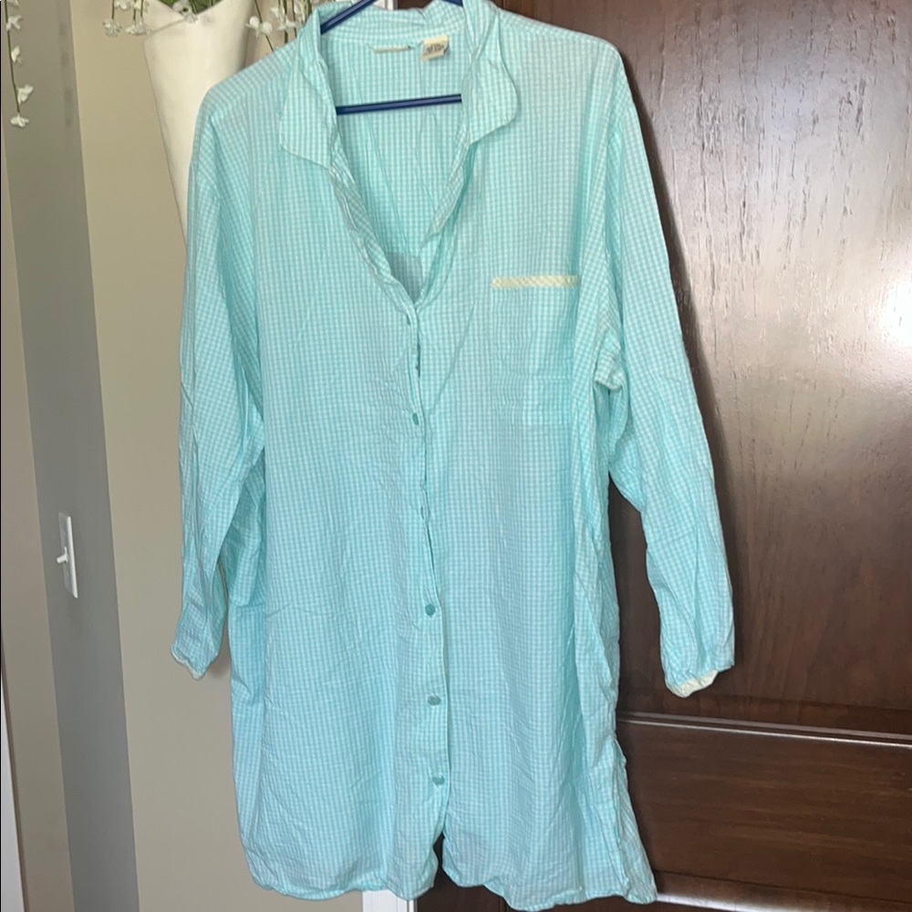 Cherokee Mint Green Check Button-Front Cotton Nightshirt